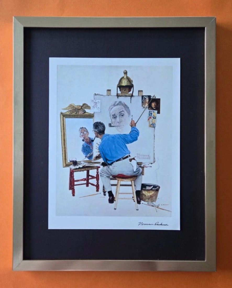 Norman Rockwell Signed 1970s Vintage Print, Mounted & Framed, Americana Art.: We have for Sale this Norman Rockwell AWESOME 1970's PRINT FACSIMILE SIGNED IN INK FRAME COVERS AN AREA OF 15 X 12 in PRINT IS MOUNTED OVER A BLACK BOARD AND FRAMED IN BRAND NEW GOLD FRAME EXCELLENT