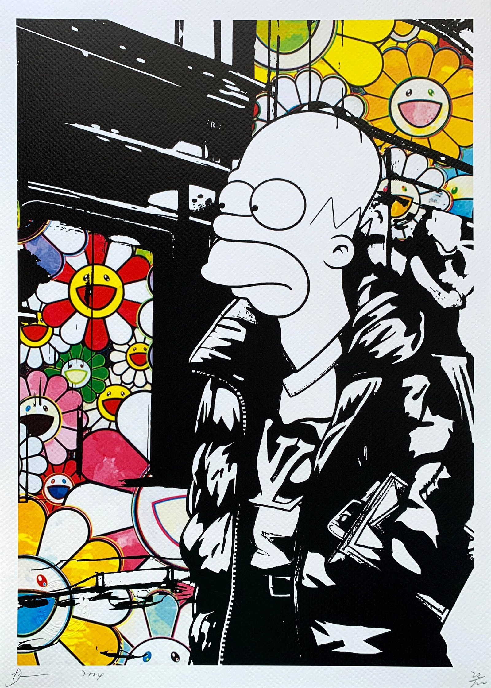 Death NYC Murakami Simpson: Title: Death NYC Murakami Simpson Date/Period:21st Century Materials: Giclee on Fine art 300 gsm paper Size:17 3/4 x 12 1/2 inches Description:Artist: Death NYC, limited edition giclee on paper, out