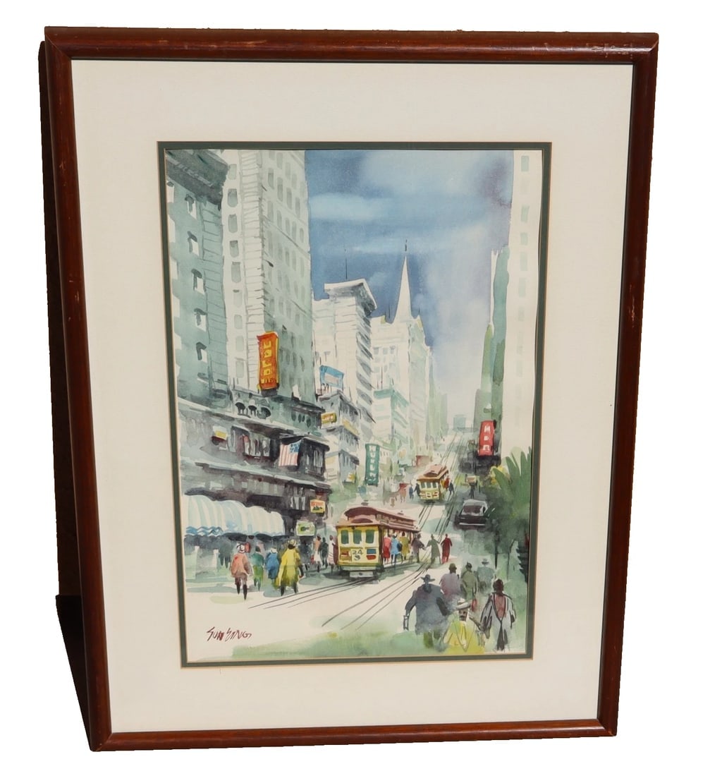 SUN YING Original Watercolor San Francisco Scene with Cable Car: Title:SUN YING Original Watercolor San Francisco Scene with Cable Car Description:SUN YING (1919-2016). Circa 1970s San Francisco City Scene featuring buildings, figures and a cable car , 21-1/2" x