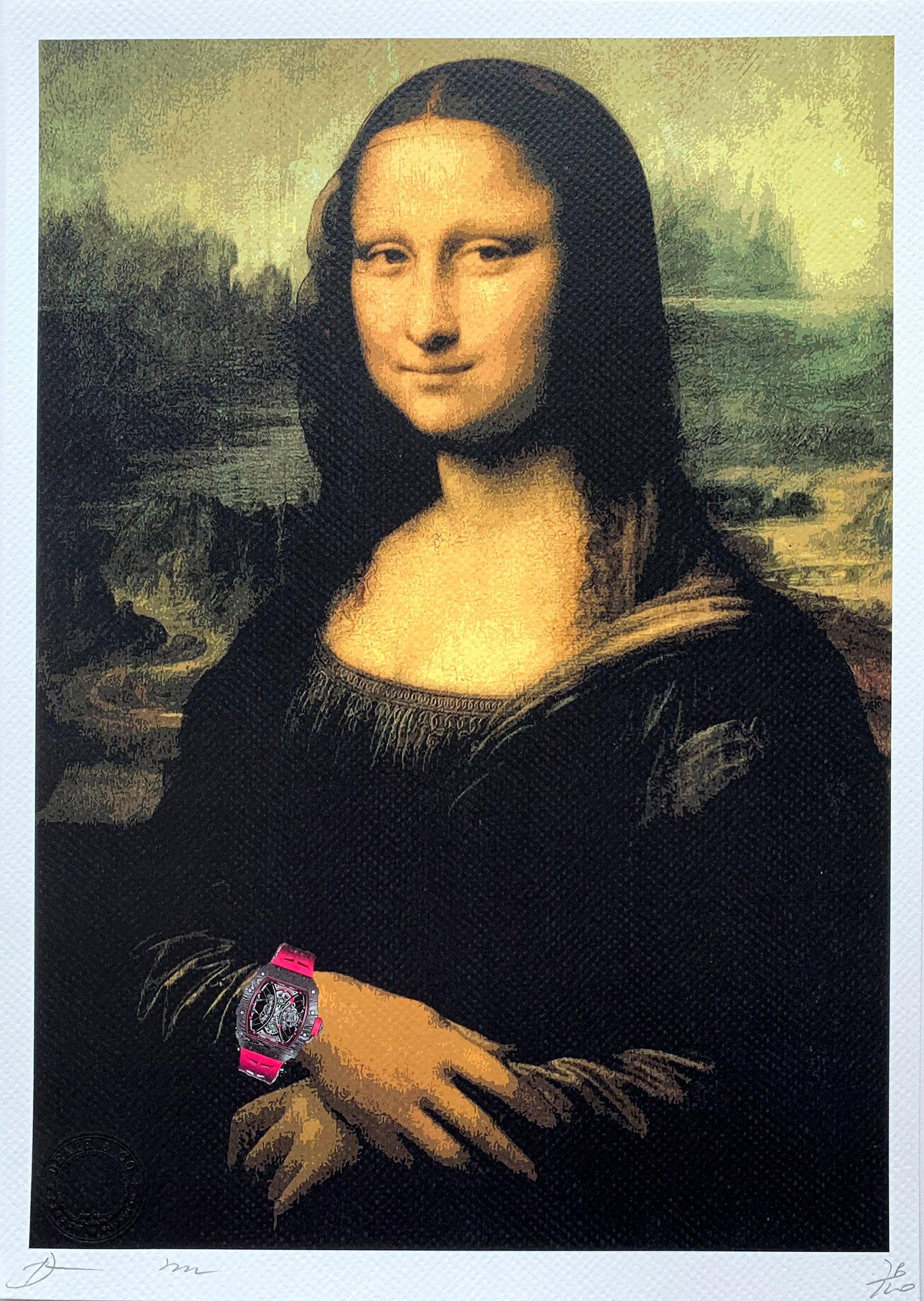 Death NYC Mona Lisa: Title: Death NYC Mona Lisa Date/Period:21st Century Materials: Giclee on Fine art 300 gsm paper Size:17 3/4 x 12 1/2 inches Description:Artist: Death NYC, limited edition giclee on paper, out of