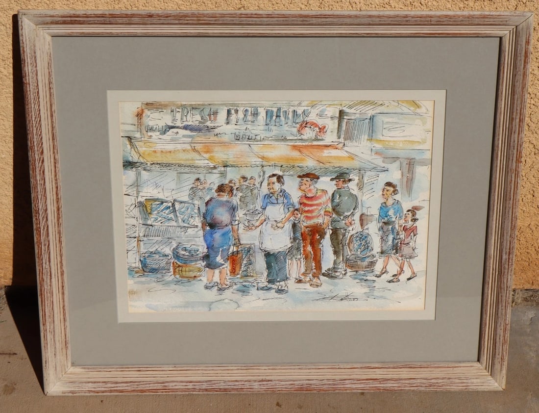 STEVEN ANTON XANTHOS Old Associated American Artists Watercolor &Ink Fish Market - 2