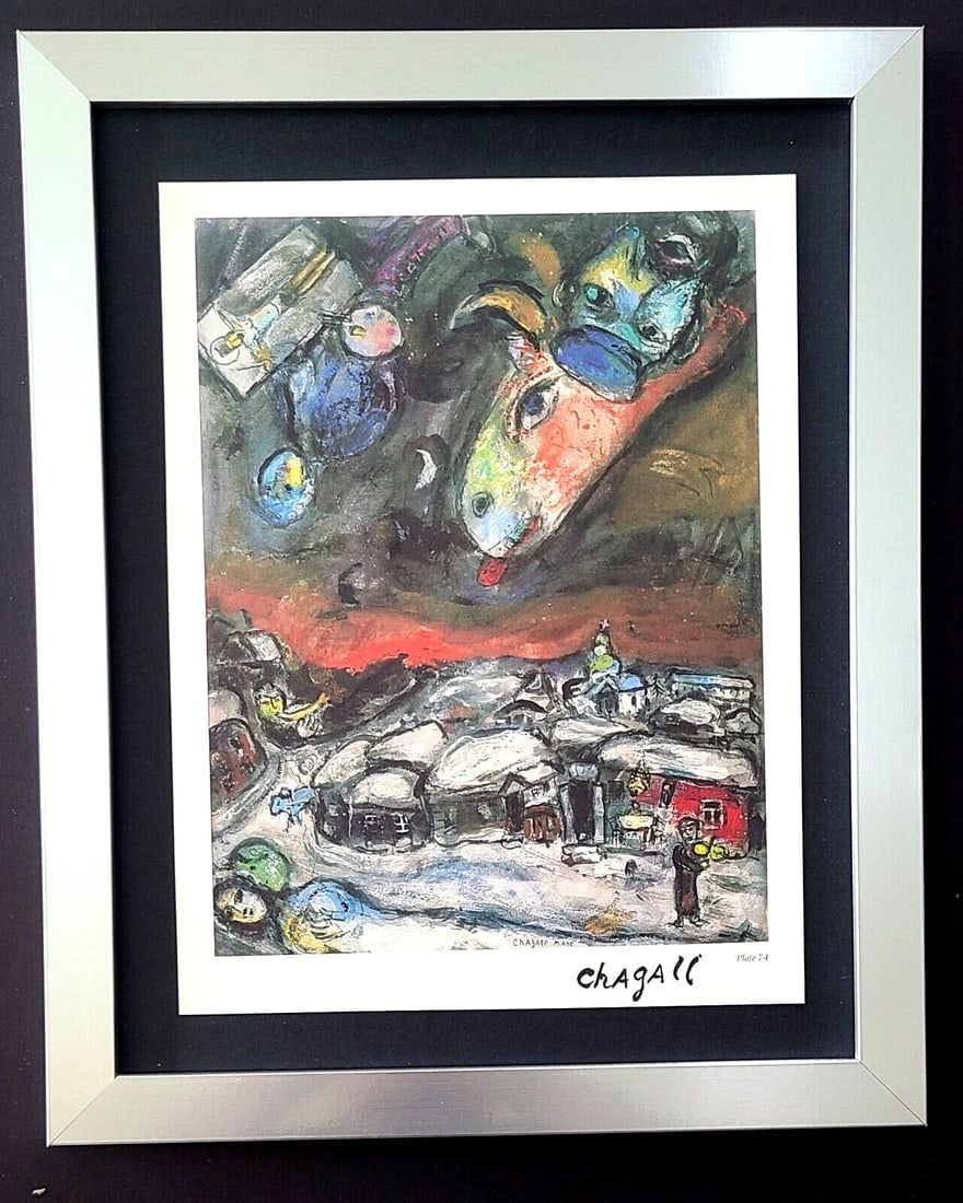 MARC CHAGALL + 1975 BEAUTIFUL SIGNED PRINT MOUNTED AND FRAMED: This is a Beautiful and Scarce 1975 Print after MARC CHAGALL FACSIMILE INK SIGNED From his Lithographs Collection Mounted and Framed in a 14x11 New Frame. Printed in Italy in 1975 after the Iconic