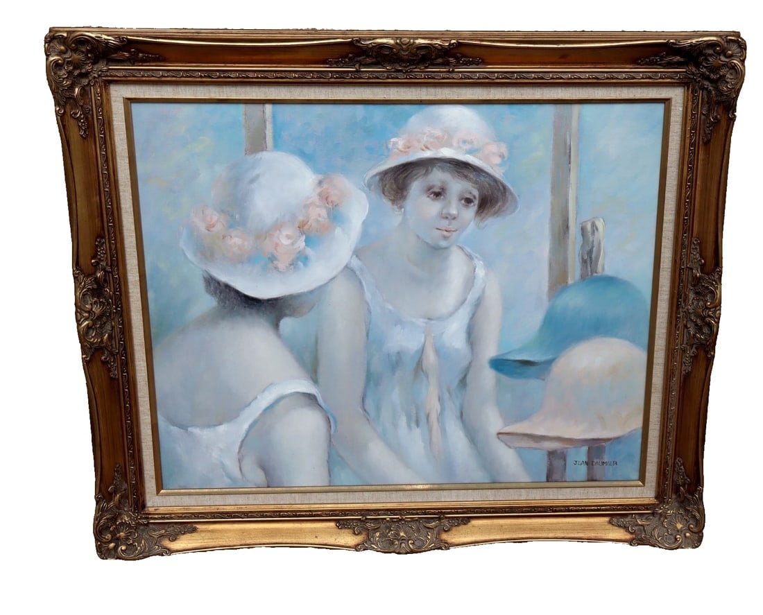 JEAN DAUMIER French Original oil painting Two Women in a Hat Shop: Title:JEAN DAUMIER French Original oil painting Two Women in a Hat Shop Description:Jean Daumier (French born 1948). Two Women in a Hat Shop, 24" x 30" oil on canvas (framed size: 32" x 37") signed