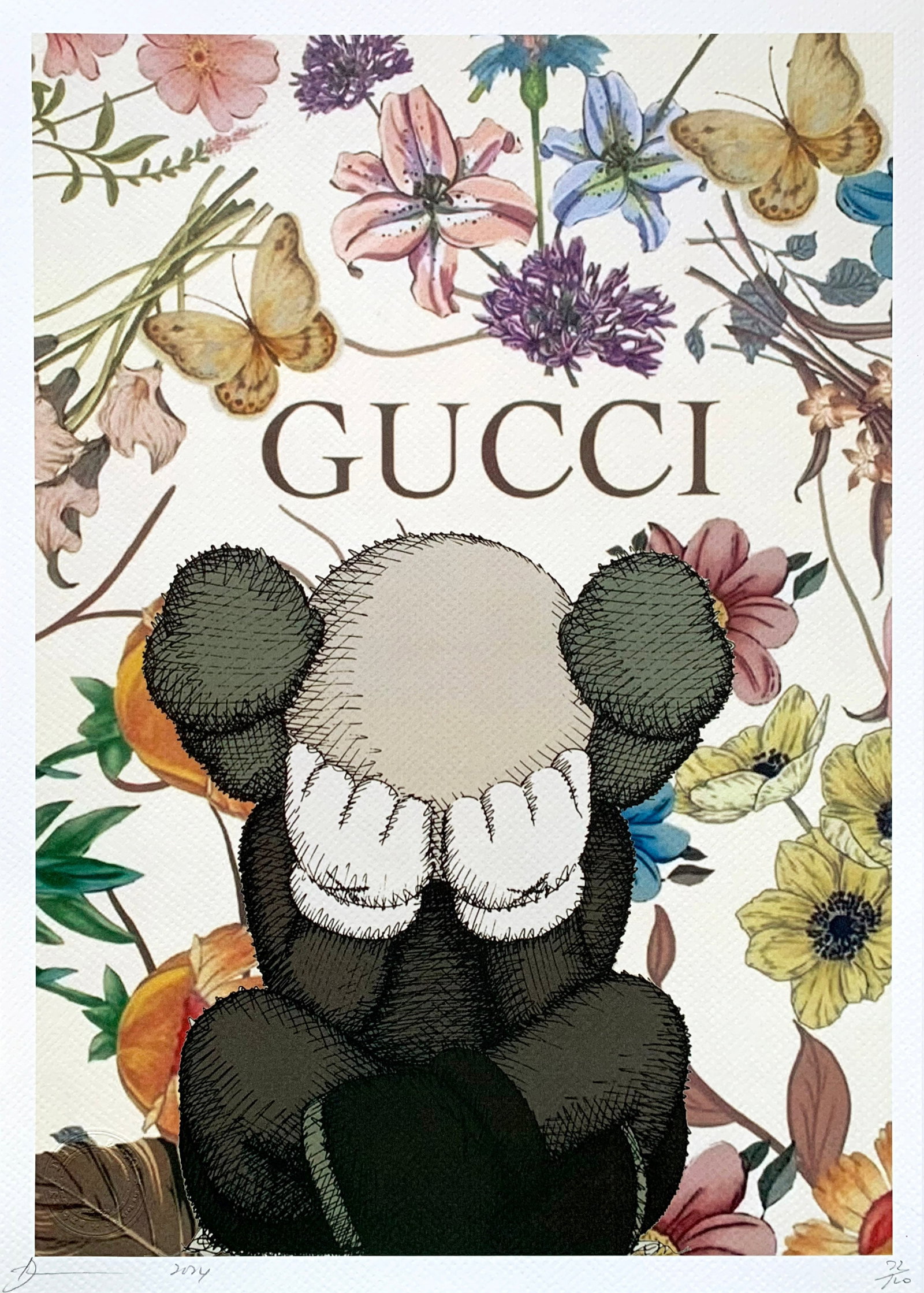 Death NYC Kaws Gucci: Title: Death NYC Kaws Gucci Date/Period:21st Century Materials: Giclee on Fine art 300 gsm paper Size:17 3/4 x 12 1/2 inches Description:Artist: Death NYC, limited edition giclee on paper, out of eddi