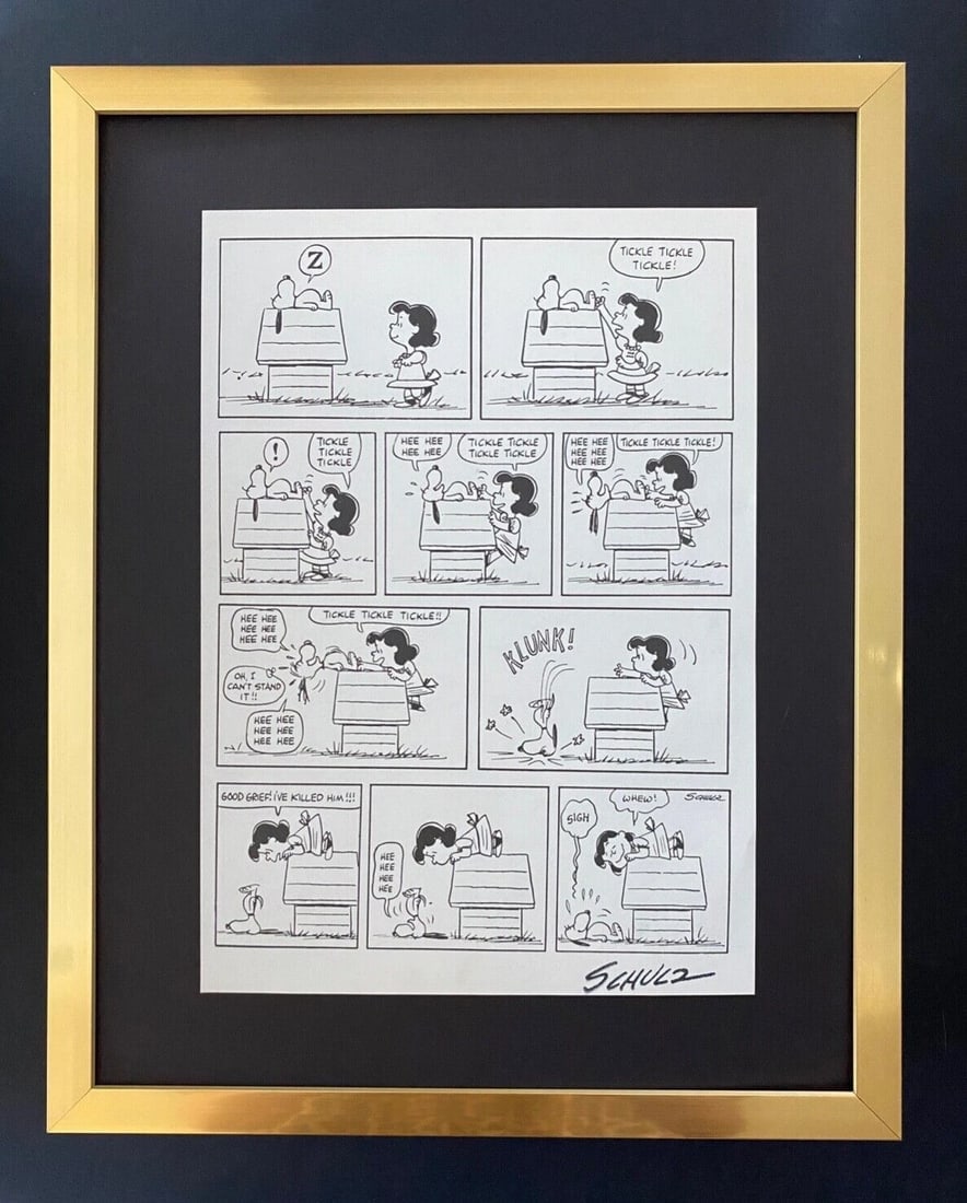 Charles Schulz Snoopy Peanuts 1968 Vintage Signed Print Framed: WE HAVE FOR SALE TODAY THIS BEAUTIFUL VINTAGE 1968 OFFSET LITHOGRAPH AFTER CHARLES M. SCHULTZ " PEANUTS CARTOON " FACSIMILE SIGNED IN INK ART PRINT IS ABOUT 11.2 X 8.4IN THIS ART PRINT IS MOUNTED ON