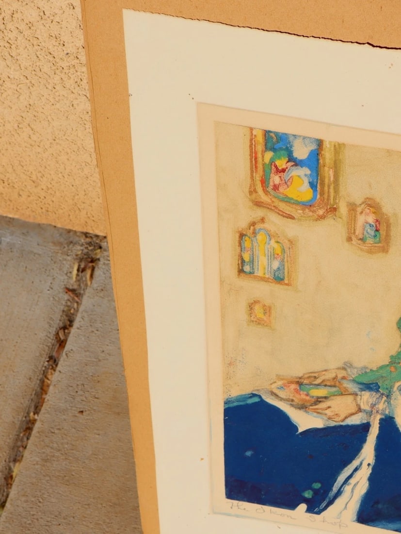 Dan Sayre Groesbeck Mixed Media Painting Woman in a Shop with Icons - 10