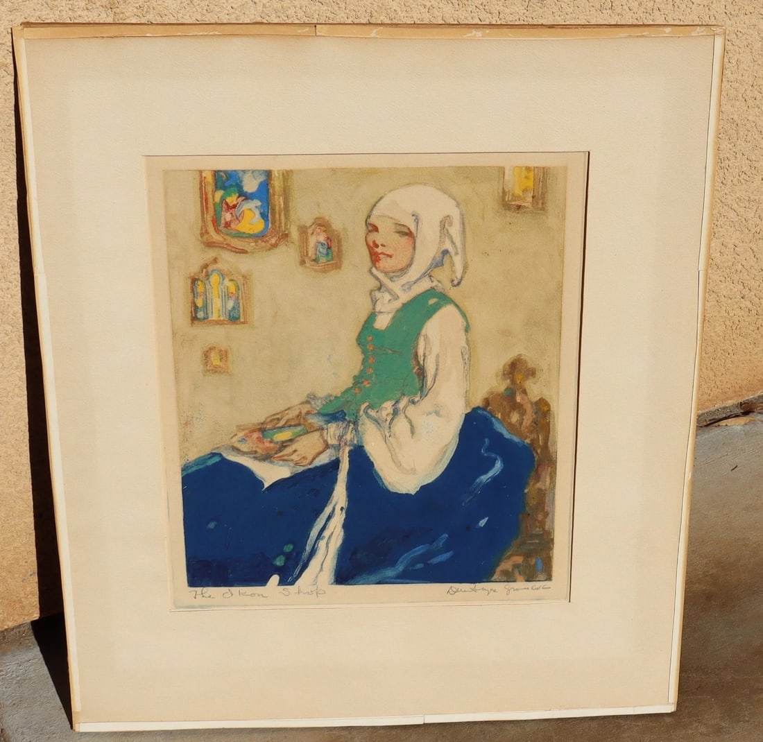 Dan Sayre Groesbeck Mixed Media Painting Woman in a Shop with Icons - 9