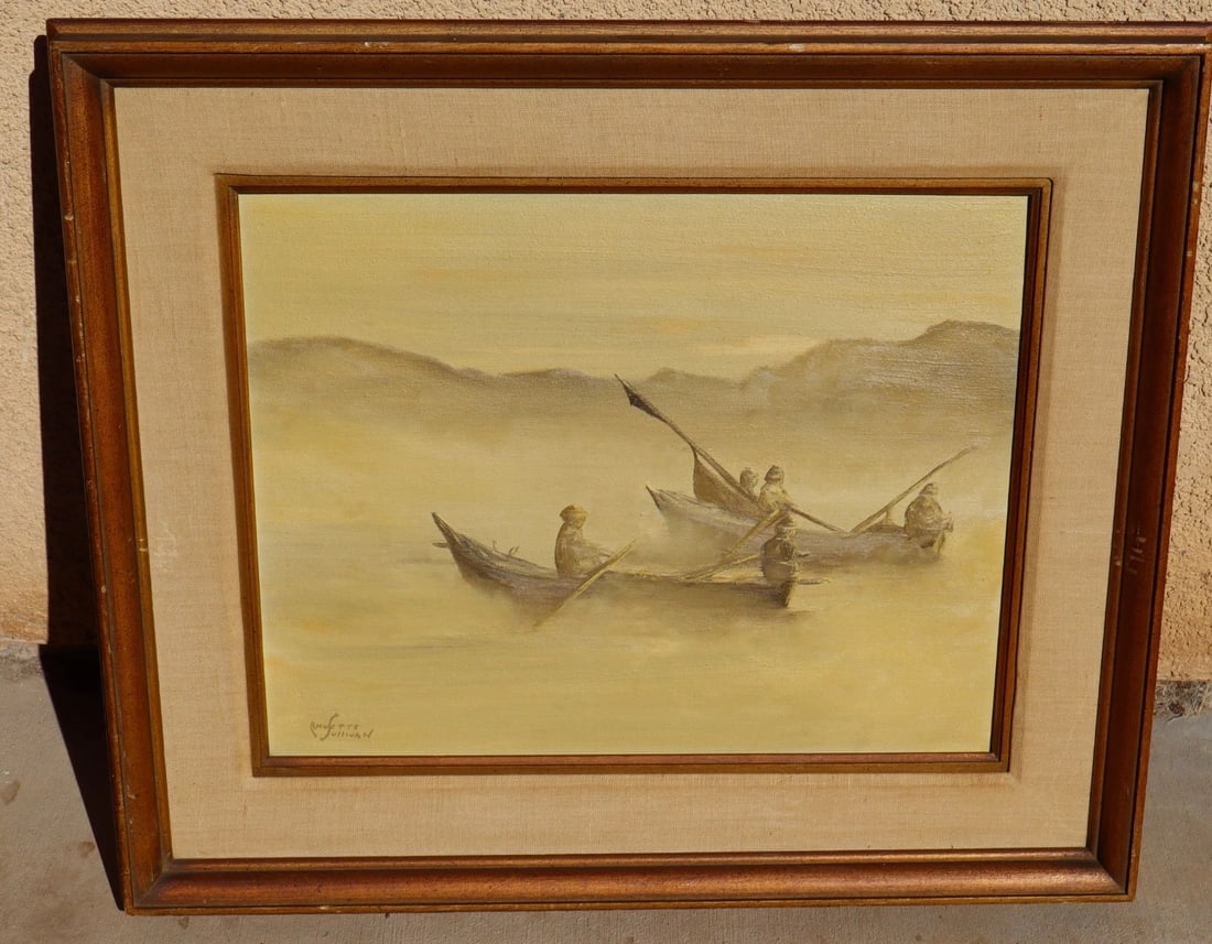 ANNETTE SULLIVAN Original oil painting Asian Figures on Rowboats in Misty Waters - 2