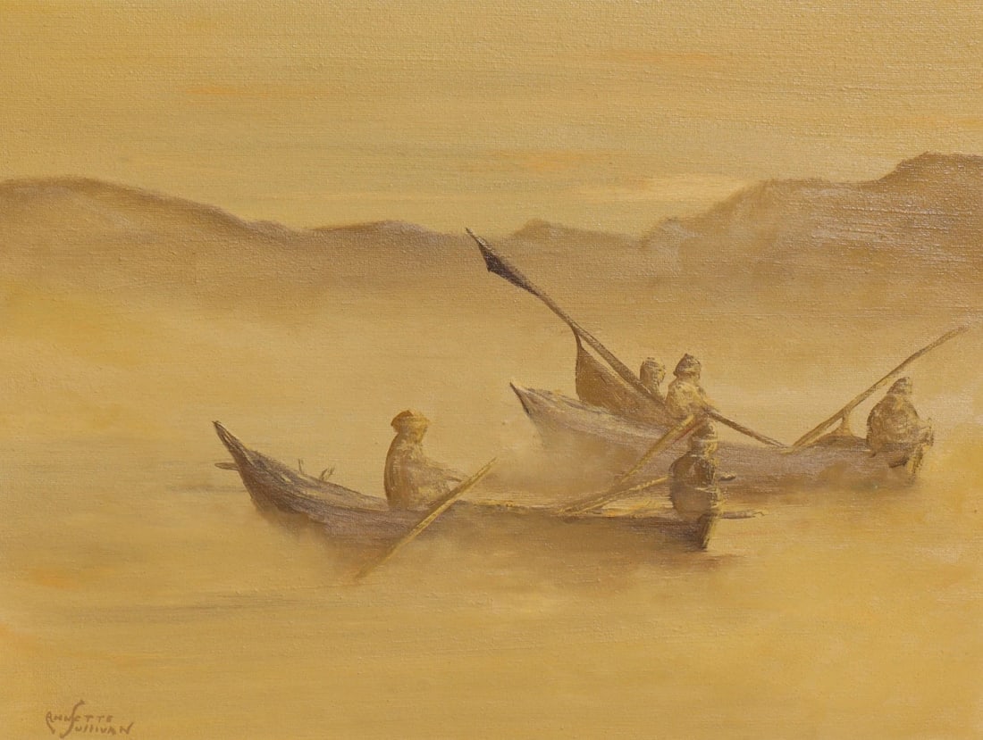 ANNETTE SULLIVAN Original oil painting Asian Figures on Rowboats in Misty Waters - 3