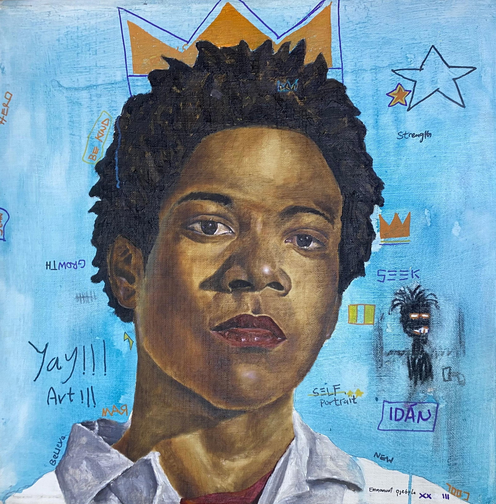 Emmanuel Ojebola, Portrait of Basquiat, 2023: Creator: Emmanuel Ojebola (Nigerian) Creation Year: 2023 Dimensions: Height: 28 in (71.12 cm)Width: 28 in (71.12 cm)Depth: 1 in (2.54 cm) Medium: Canvas,Coffee,Mixed Media Movement & Style: