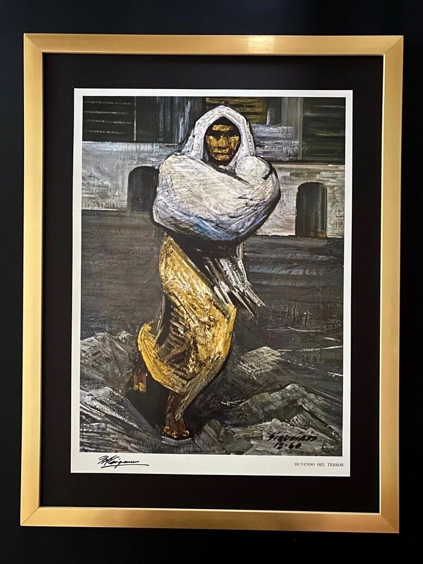 DAVID ALFARO SIQUEIROS | SIGNED LIMITED EDITION FRAMED PRINT FROM MEXICO: DAVID ALFARO SIQUEIROS "HUYENDO DEL TERROR" 1965 VINTAGE PRINT FACSIMILE SIGNED IN INK ALSO WITH SIGNED IN THE PLATE AND TITLED THIS IS A HIGH QUALITY COLOR PLATE IN GLOSSY PAPER PUBLISHED BY GALERIA 