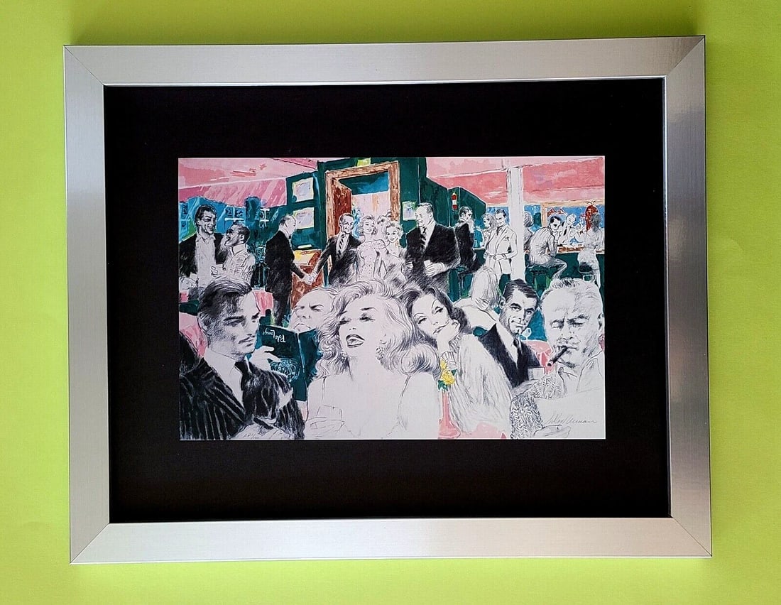 LEROY NEIMAN + 1990's VINTAGE SIGNED PRINT FRAMED + POLO LOUNGE + CLARK GABLE: We have for Sale this LEROY NEIMAN AWESOME 1990'S PRINT AFTER THE SERIGRAPH " POLO LOUNGE" PLATE SIGNED FULL OF COLOR PRINT MOUNTED IN A 11X14 ACID FREE BLACK BOARD AND FRAMED NEW SILVER FRAME COVERS 