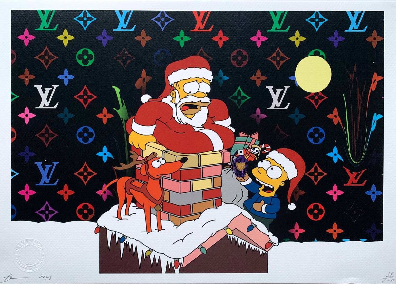 DEATH NYC Louis Vuitton Simpsons: Title: DEATH NYC Louis Vuitton Simpsons Date/Period:21st Century Materials: Giclee on Fine art 300 gsm paper Size:17 3/4 x 12 1/2 inches Description:Artist: Death NYC, limited edition giclee on paper,