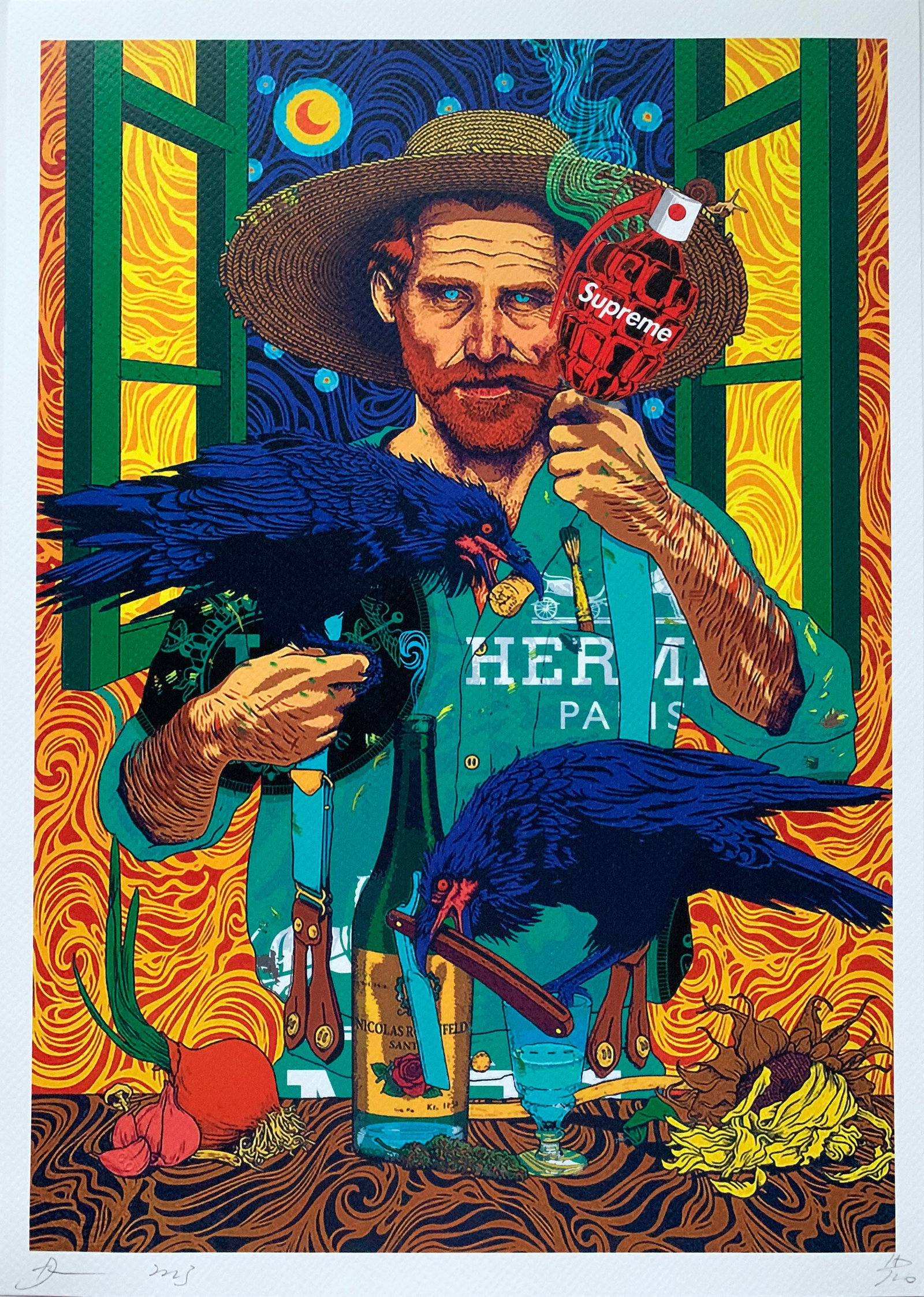 DEATH NYC Van Gogh Hermes Supreme: Title: DEATH NYC Van Gogh Hermes Supreme Date/Period:21st Century Materials: Giclee on Fine art 300 gsm paper Size:17 3/4 x 12 1/2 inches Description:Artist: Death NYC, limited edition giclee on paper