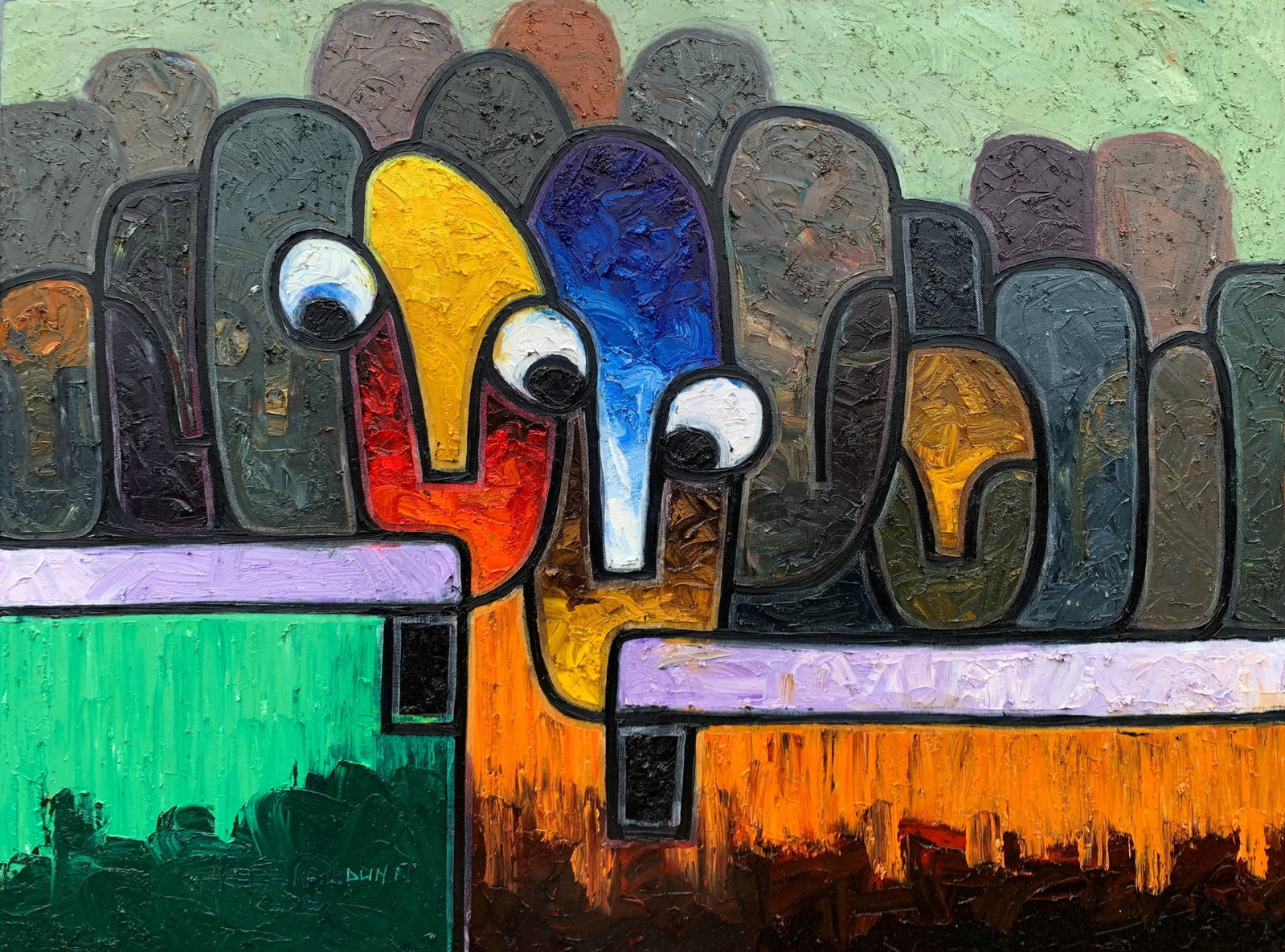 Abiodun Nafiu Azeez, Leader and Followers, 2023: Creator: Abiodun Nafiu Azeez (1993, Nigerian) Creation Year: 2023 Dimensions: Height: 36 in (91.44 cm)Width: 48 in (121.92 cm)Depth: 1 in (2.54 cm) Medium: Canvas,Oil Movement & Style: Abstract Expres
