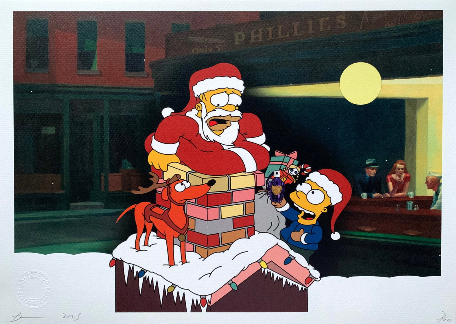 DEATH NYC Edward Hopper Simpsons: Title: DEATH NYC Edward Hopper Simpsons Date/Period:21st Century Materials: Giclee on Fine art 300 gsm paper Size:17 3/4 x 12 1/2 inches Description:Artist: Death NYC, limited edition giclee on paper,