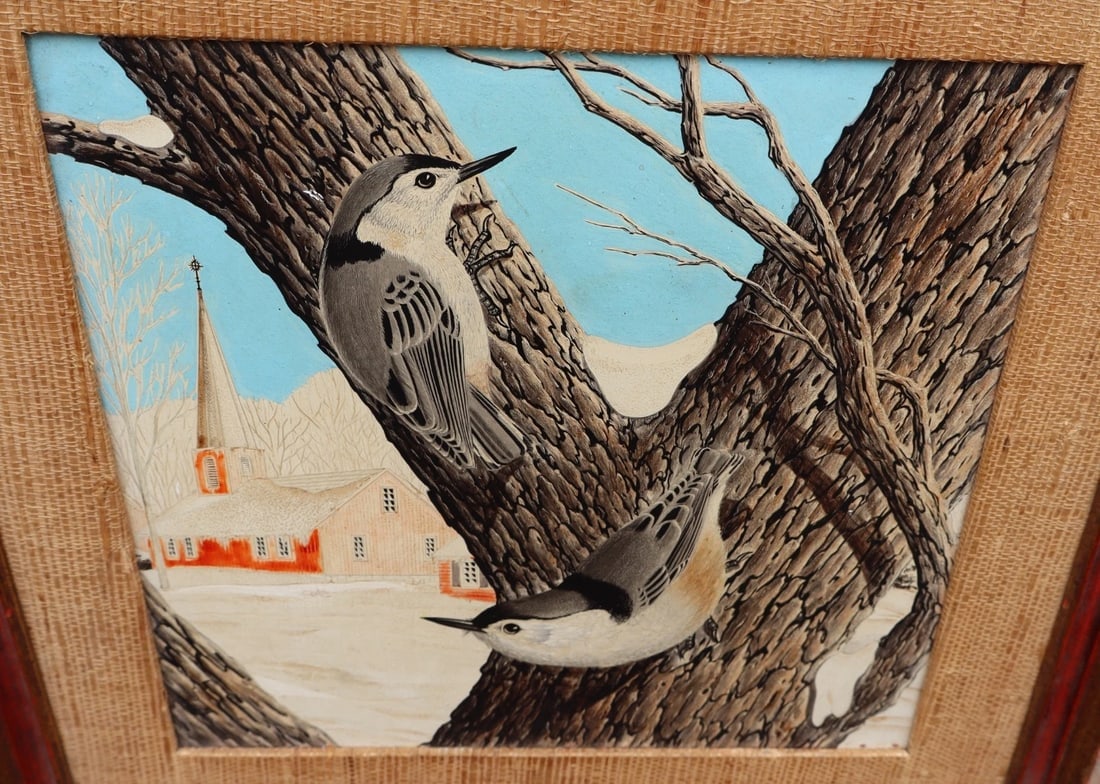 White Breasted Nuthatches Original Mid Century Mixed Media painting - 2