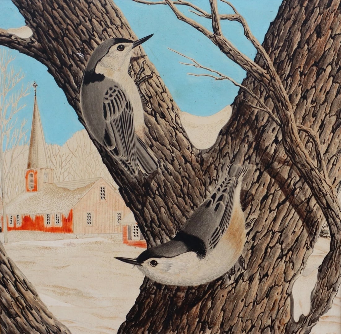 White Breasted Nuthatches Original Mid Century Mixed Media painting - 3