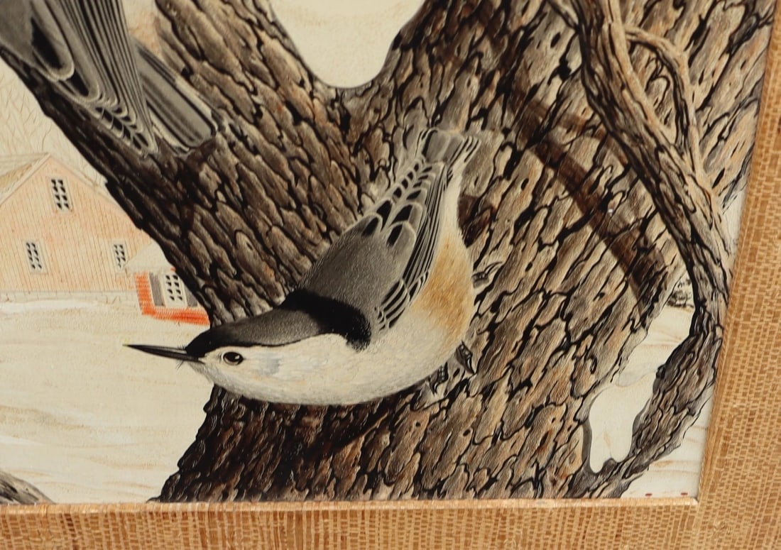 White Breasted Nuthatches Original Mid Century Mixed Media painting - 5