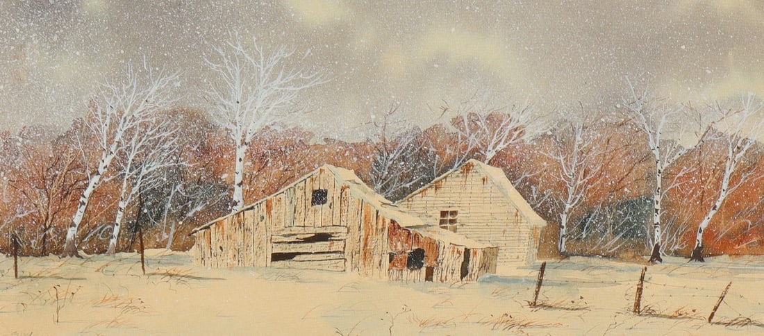 GUY ROWBURY Original Acrylic painting Snow Falling on a Farm in Winter Early 70s - 2