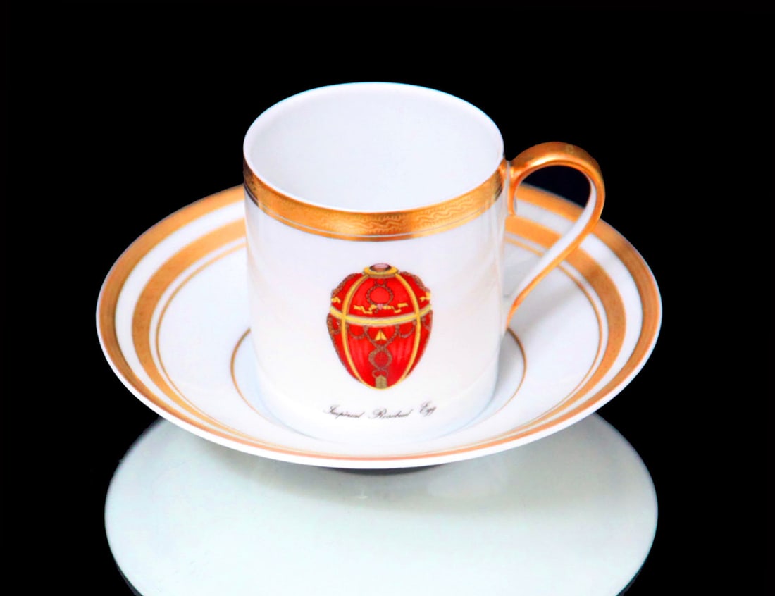 PUIFORCAT (HERMES) CHRISTOFLE - 5pc. 950 STERLING SILVER TEA SET + 4 FABERGE IMPERIAL EGG EXPRESSO - 17