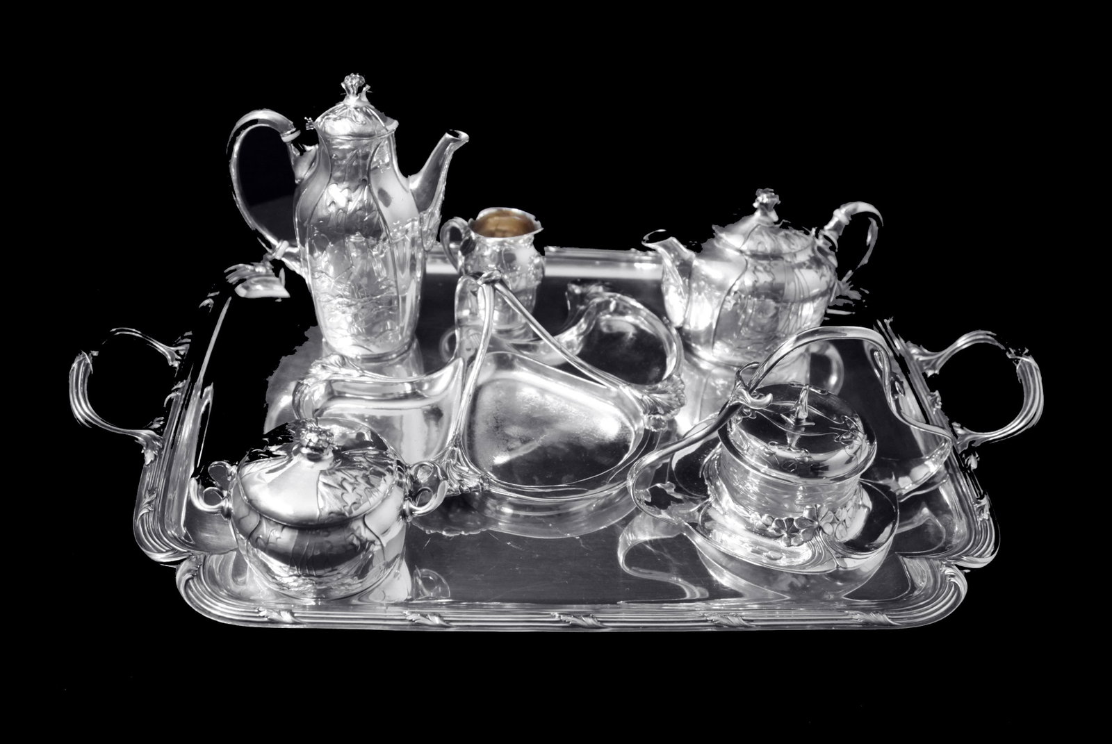 Orfevre Gallia - 7pc. Extremely Rare, Original French Art Nouveau Silver Plate Tea Set Including: Title: Orfevre Gallia - 7pc. Extremely Rare, Original French Art Nouveau Silver Plate Tea Set Including Serving Tray - Near New! Description:Direct from Paris, a 7pc. Extremely Rare, Original French A