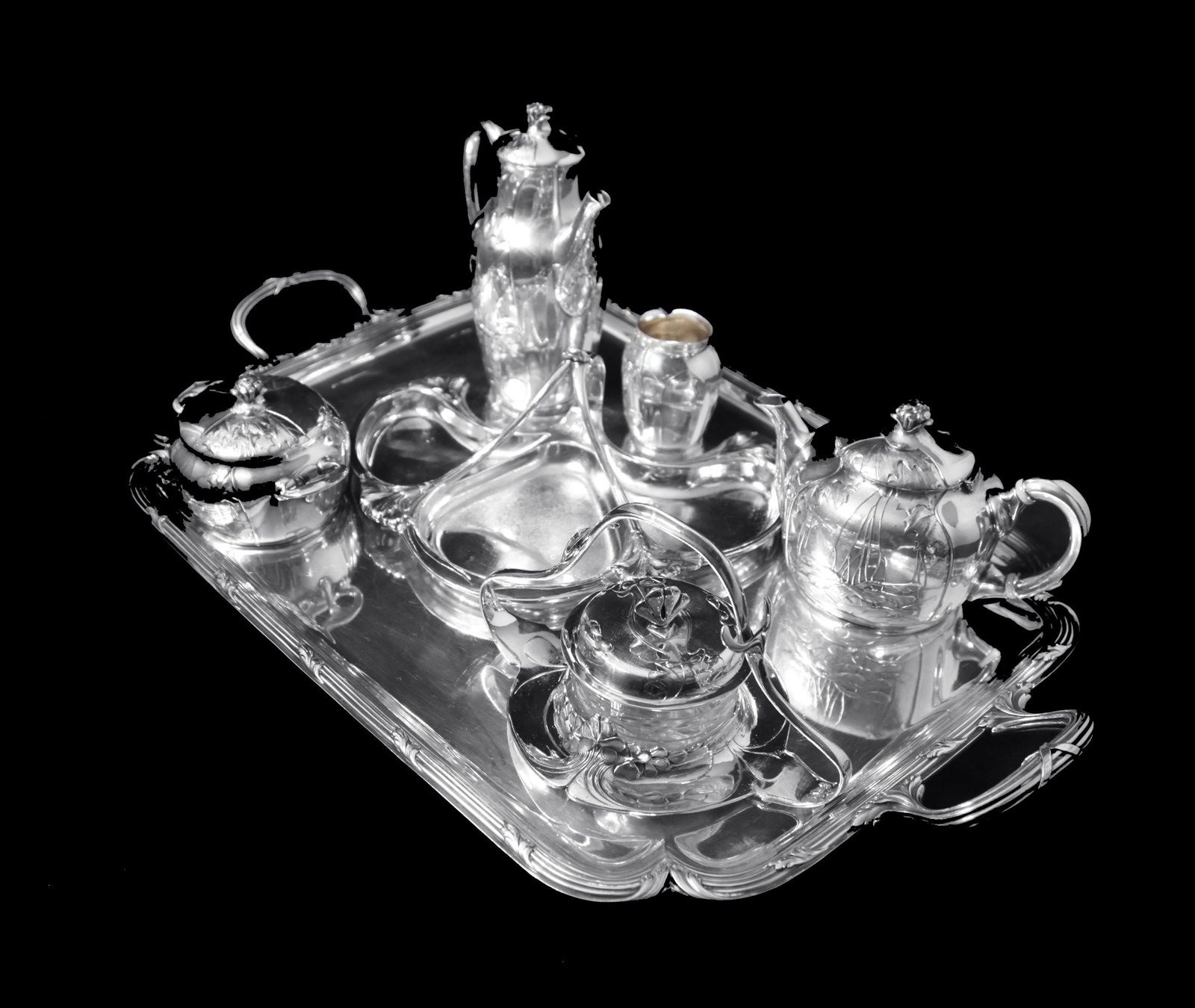 Orfevre Gallia - 7pc. Extremely Rare, Original French Art Nouveau Silver Plate Tea Set Including - 2