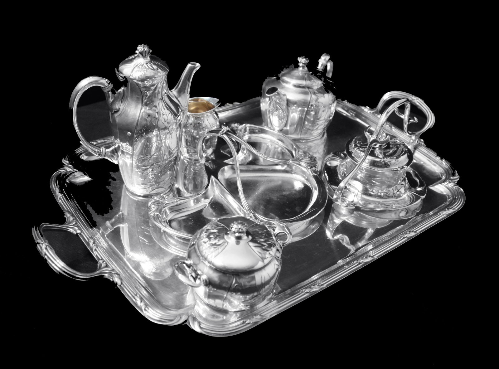 Orfevre Gallia - 7pc. Extremely Rare, Original French Art Nouveau Silver Plate Tea Set Including - 3