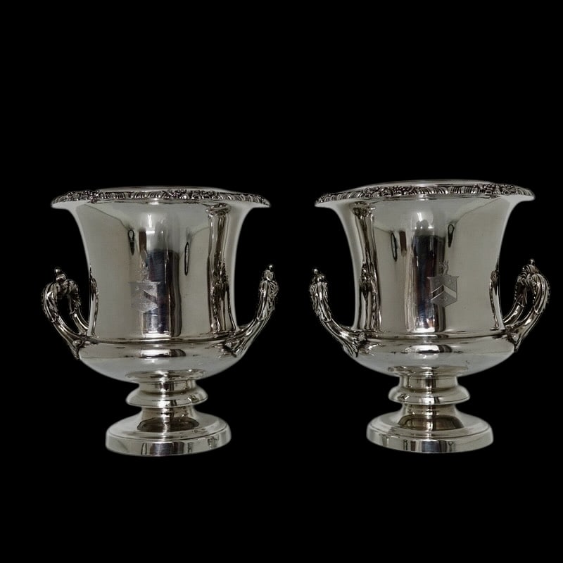 Pair Old Sheffield Wine Coolers Matthew Boulton Circa 1830: Title:Pair Old Sheffield Wine Coolers Matthew Boulton Circa 1830 Description:Description A very impressive and highly collectable pair of campana shaped wine coolers with shaped floral, grape and gadr