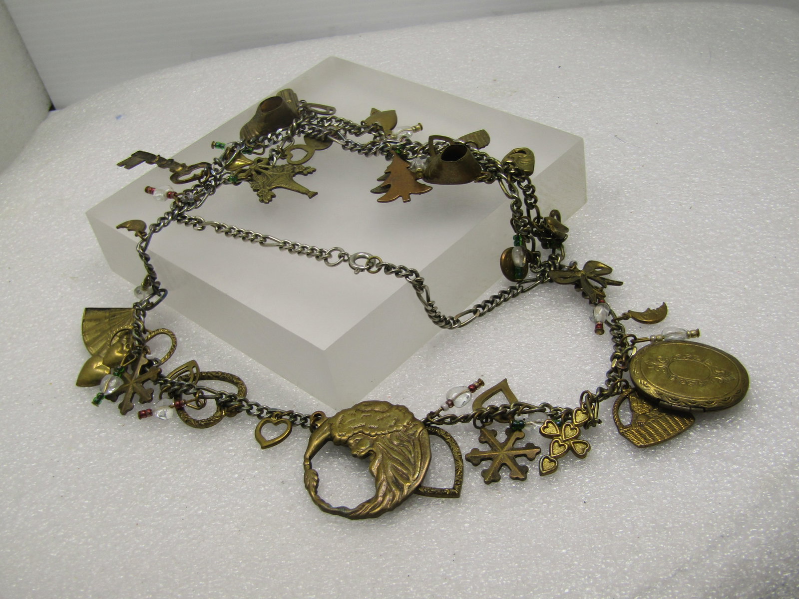 Vintage Brass Charm Necklace, 30" , Over 40 Charms and Dangle Beaded Accents, 1980's-1990's - 5