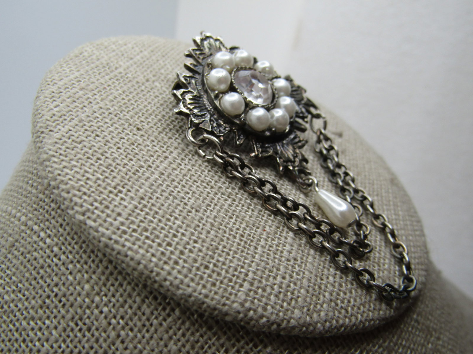 Vintage Faux Pearl Rhinestone Swag Brooch, 1960's-1970's, signed - 2