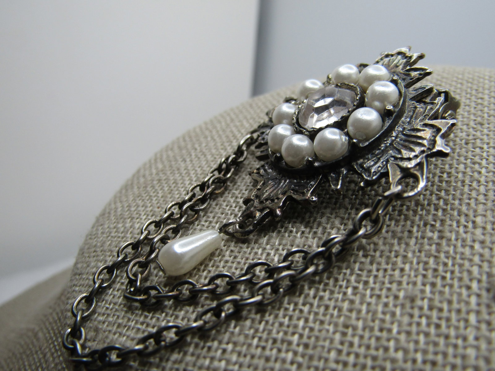 Vintage Faux Pearl Rhinestone Swag Brooch, 1960's-1970's, signed - 3