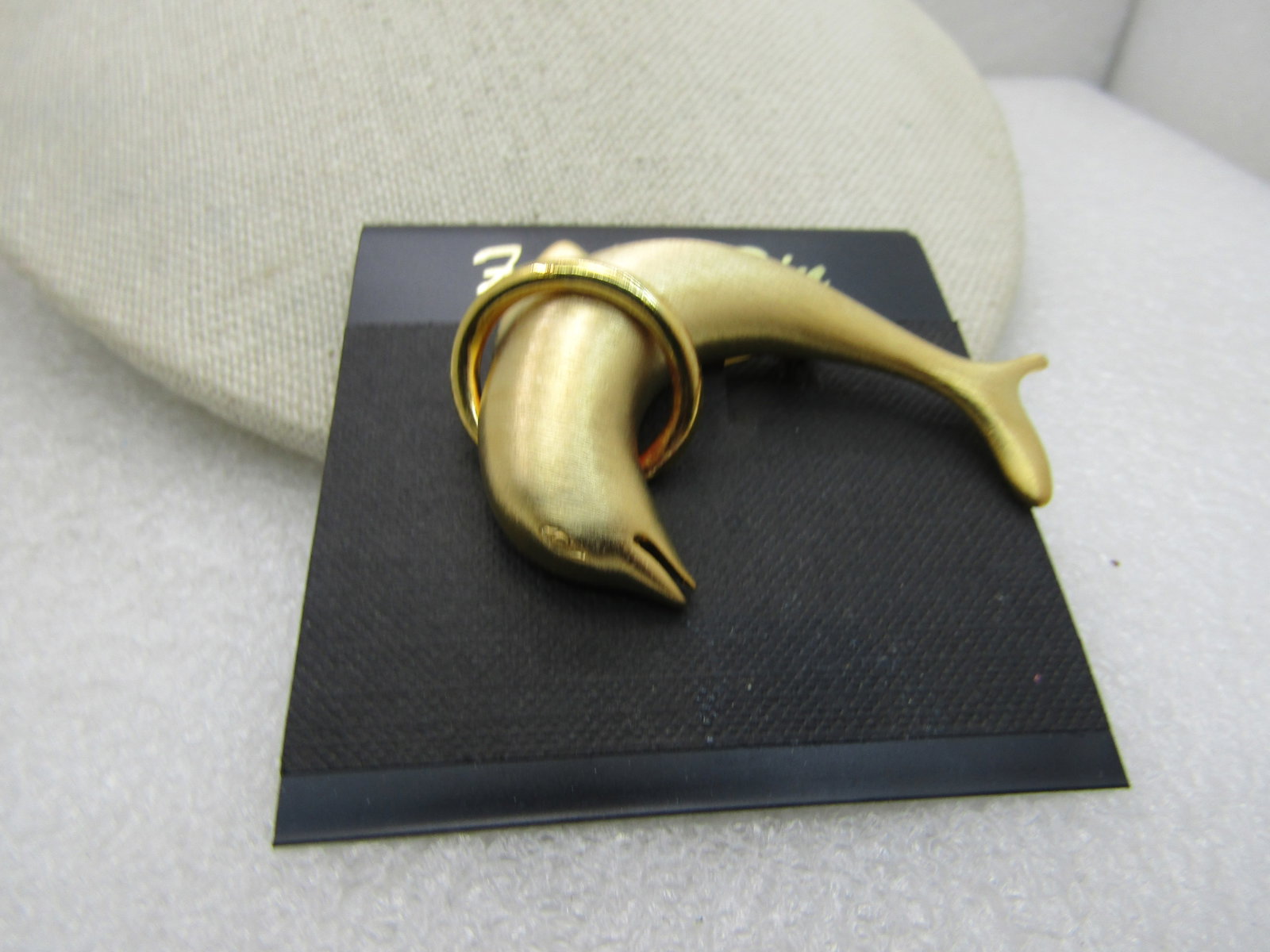 Vintage Dolphin Jumping Through Hoop Brooch, Brushed Gold Tone, 2" (1 of 5)