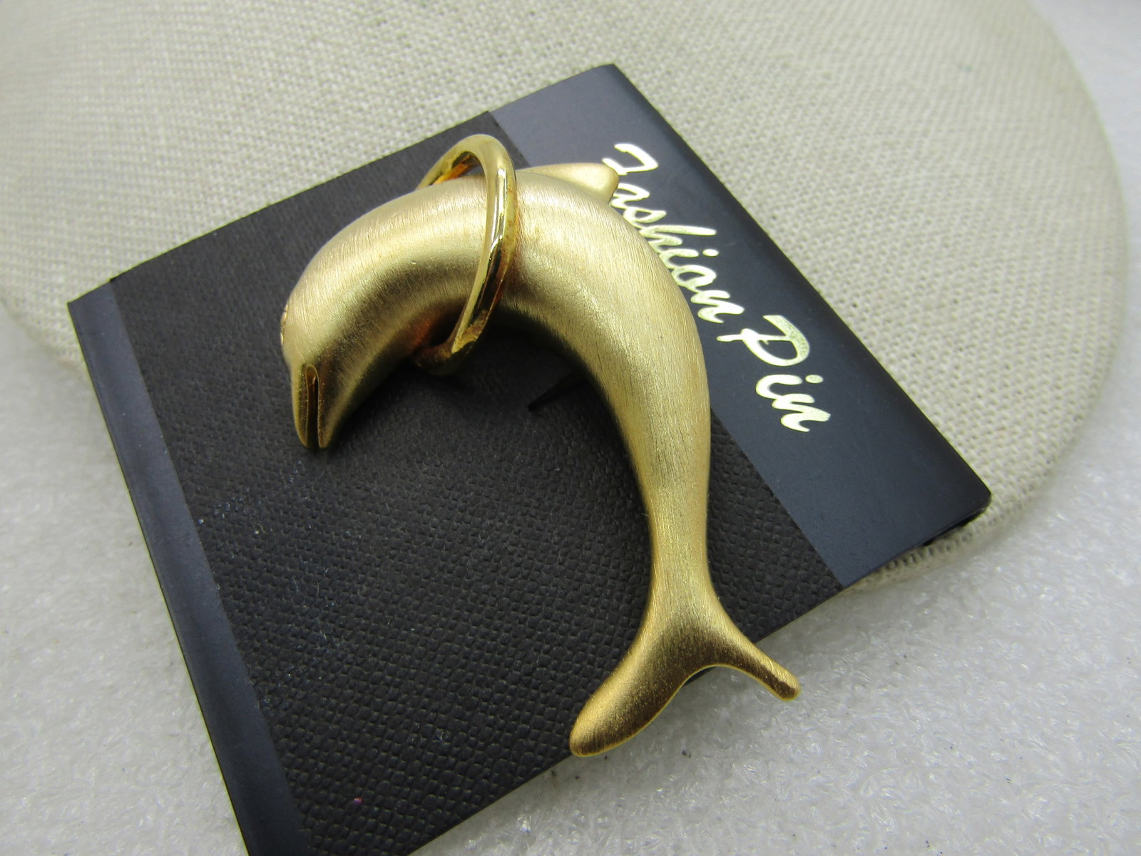 Vintage Dolphin Jumping Through Hoop Brooch, Brushed Gold Tone, 2" - 3