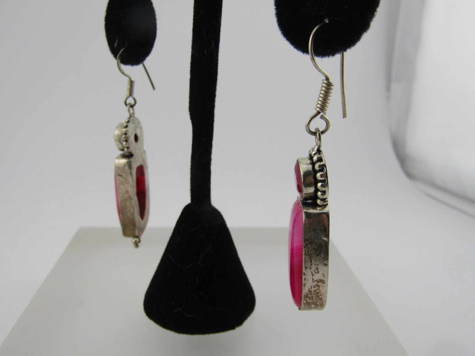 Vintage Silver Tone Pink Stone/Ruby Drop Earrings, Pierced, Boho, 1980's-1990's - 2