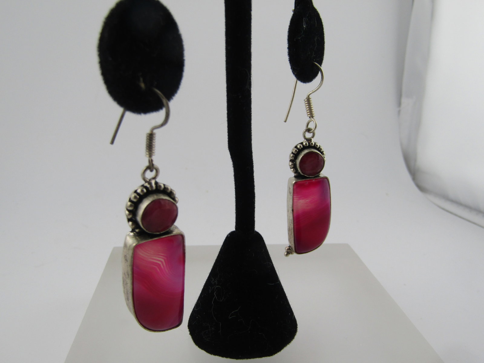 Vintage Silver Tone Pink Stone/Ruby Drop Earrings, Pierced, Boho, 1980's-1990's - 3