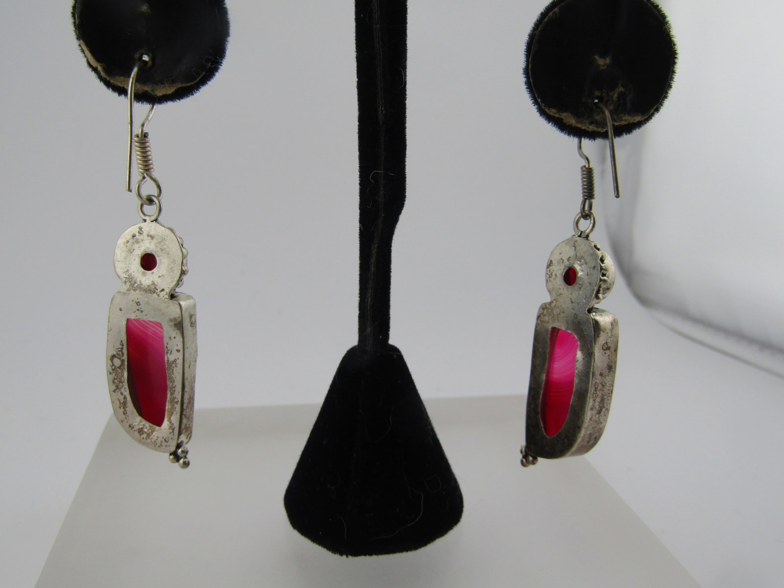 Vintage Silver Tone Pink Stone/Ruby Drop Earrings, Pierced, Boho, 1980's-1990's - 4