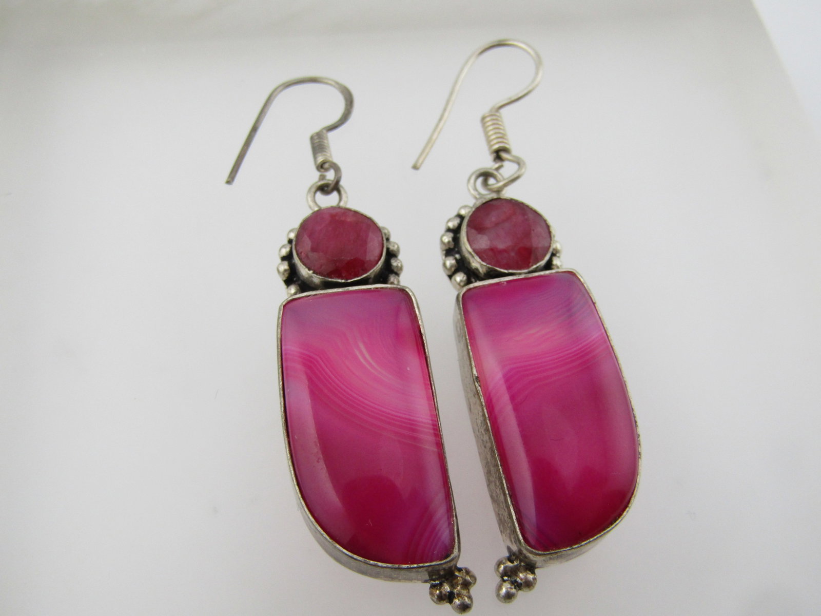 Vintage Silver Tone Pink Stone/Ruby Drop Earrings, Pierced, Boho, 1980's-1990's - 5