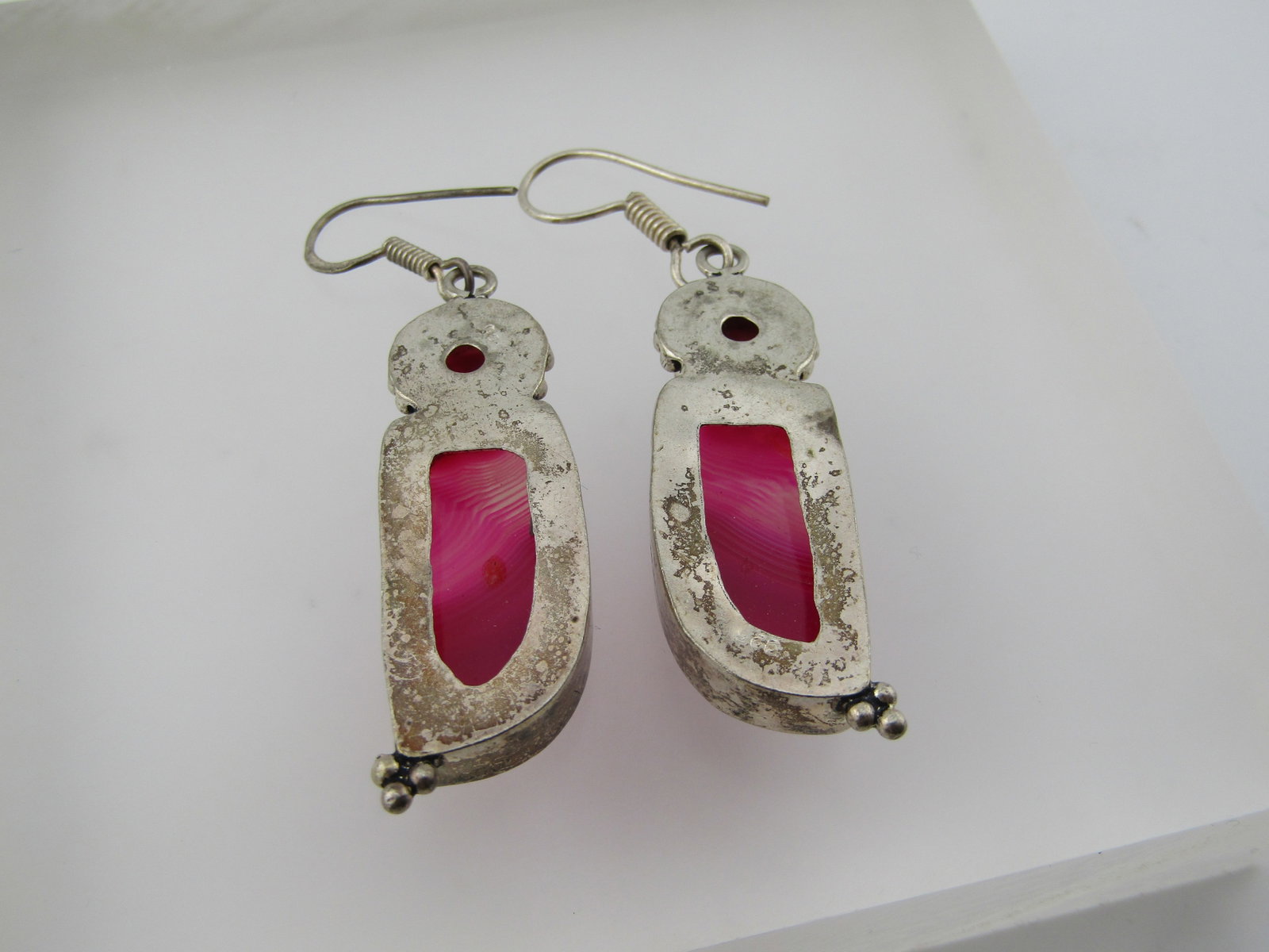 Vintage Silver Tone Pink Stone/Ruby Drop Earrings, Pierced, Boho, 1980's-1990's - 6