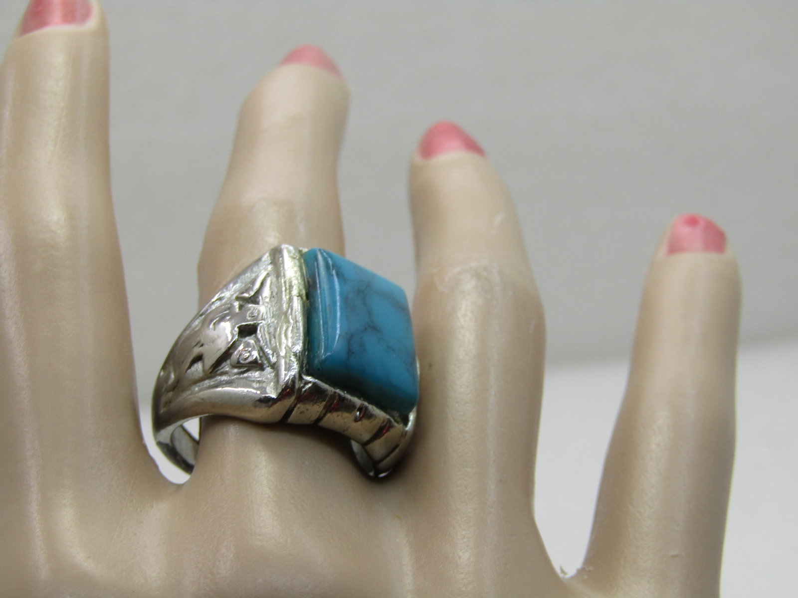 Vintage Southestern Faux Turquoise Ring, Sz 9, Silver Tone (NL) - 6