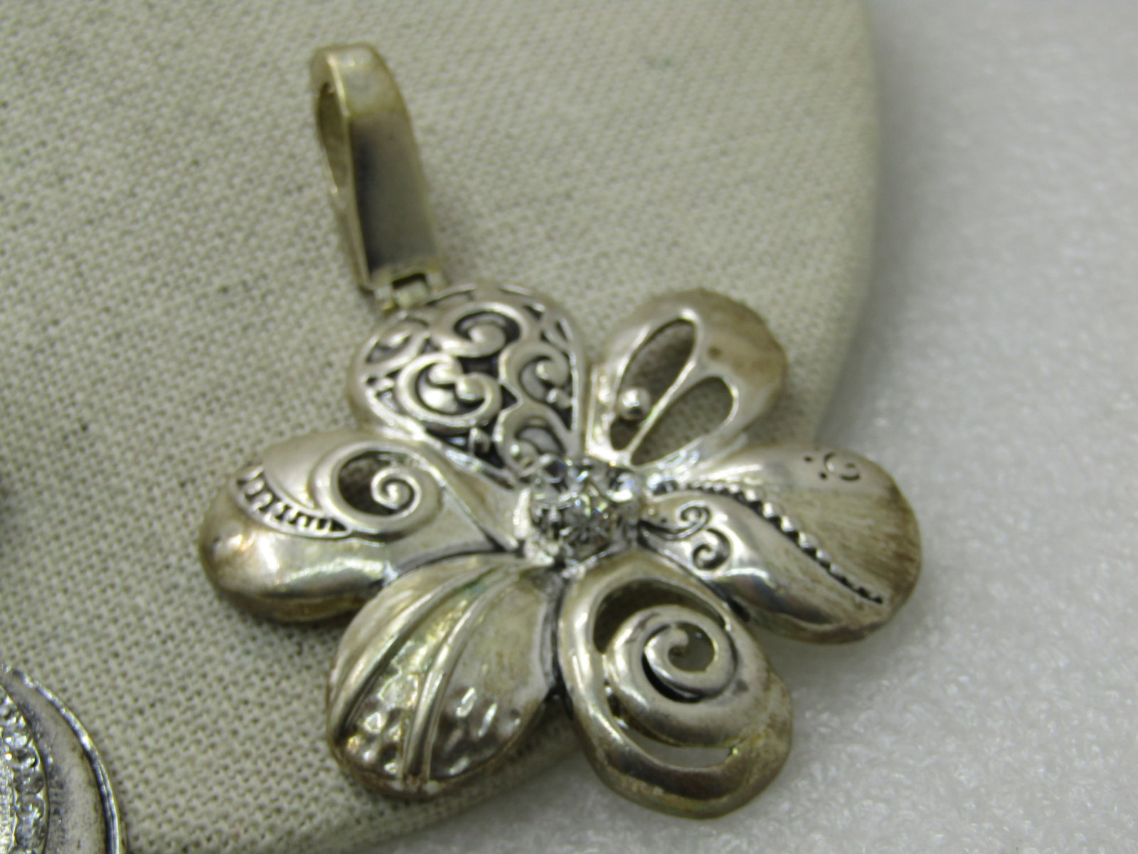 Two Statement Slide Pendants, 1 Floral, 1 Ridged Hoop, Rhinestones - 4