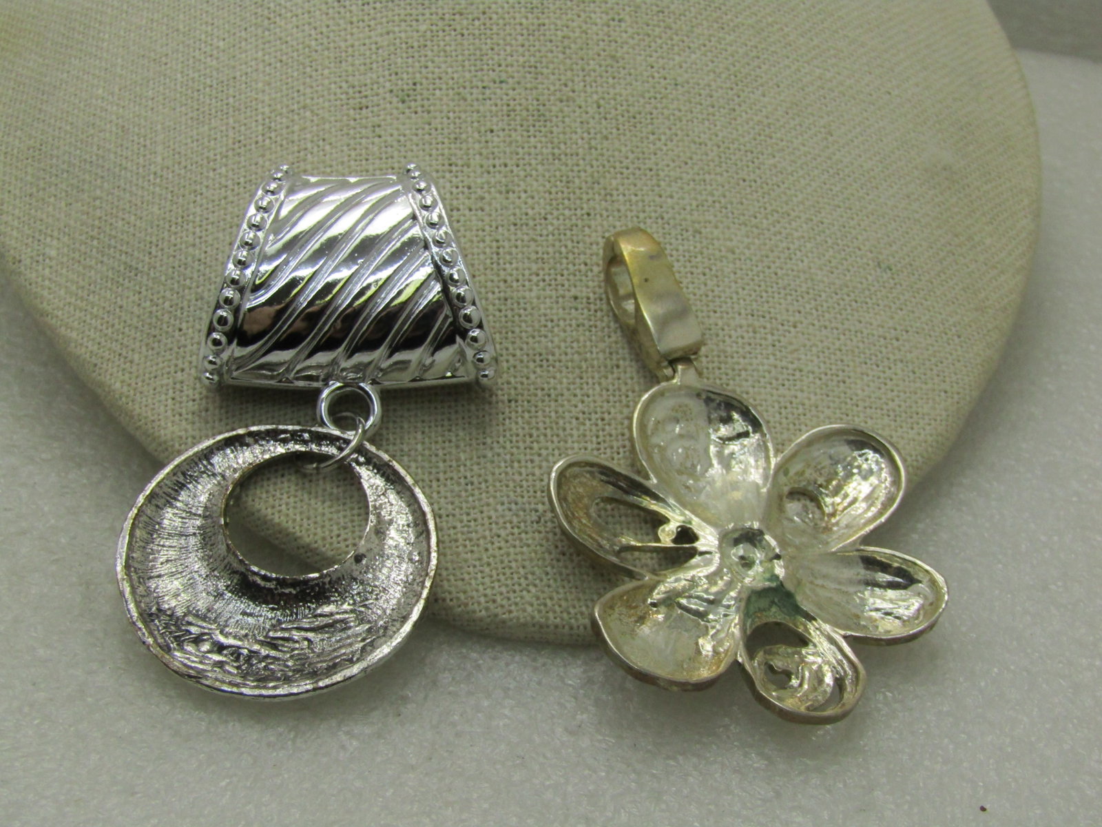 Two Statement Slide Pendants, 1 Floral, 1 Ridged Hoop, Rhinestones - 5