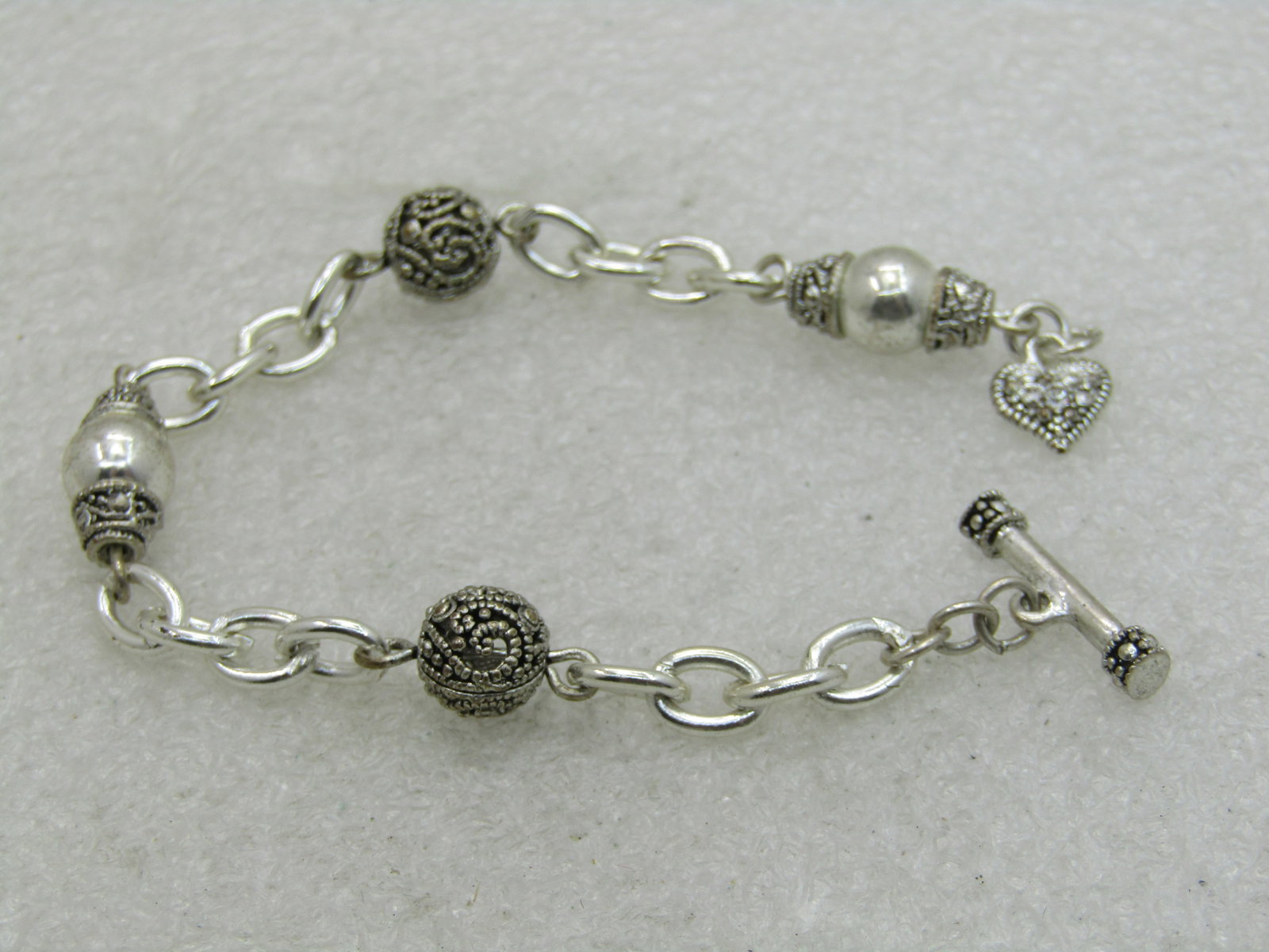 Silver Beaded Bracelet Rhinestone Heart Charm at Toggle Clasp, 7" (1 of 6)