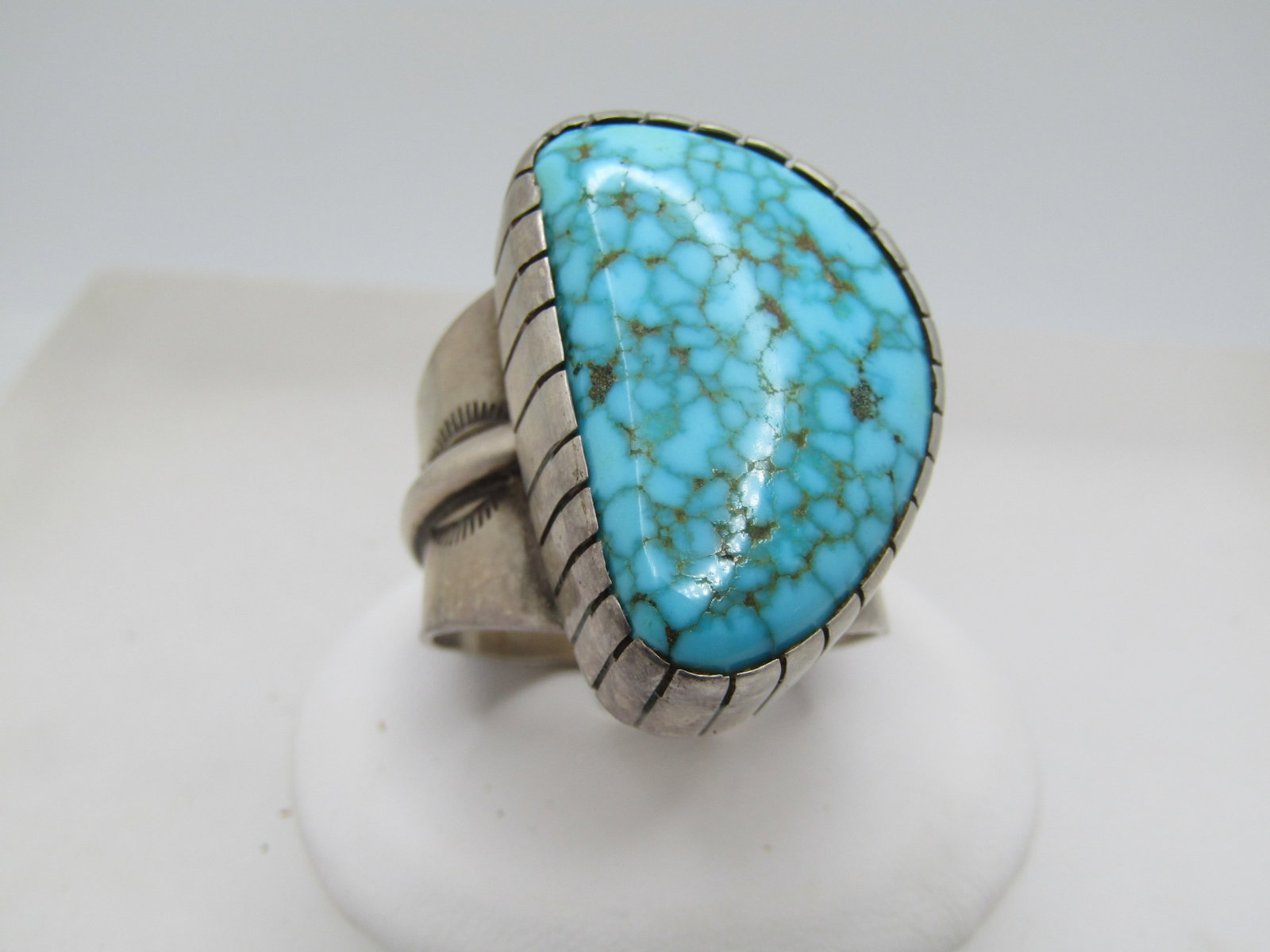 Vintage Sterling Southwestern Webbed Turquoise Ring, Sz. 11, Wide, 1960's-1970's, Signed: Title: Vintage Sterling Southwestern Webbed Turquoise Ring, Sz. 11, Wide, 1960's-1970's, Signed Description: Vintage Sterling Southwestern Webbed Turquoise Ring, Sz. 11, Wide, 1960's-1970's, Men's/Uni