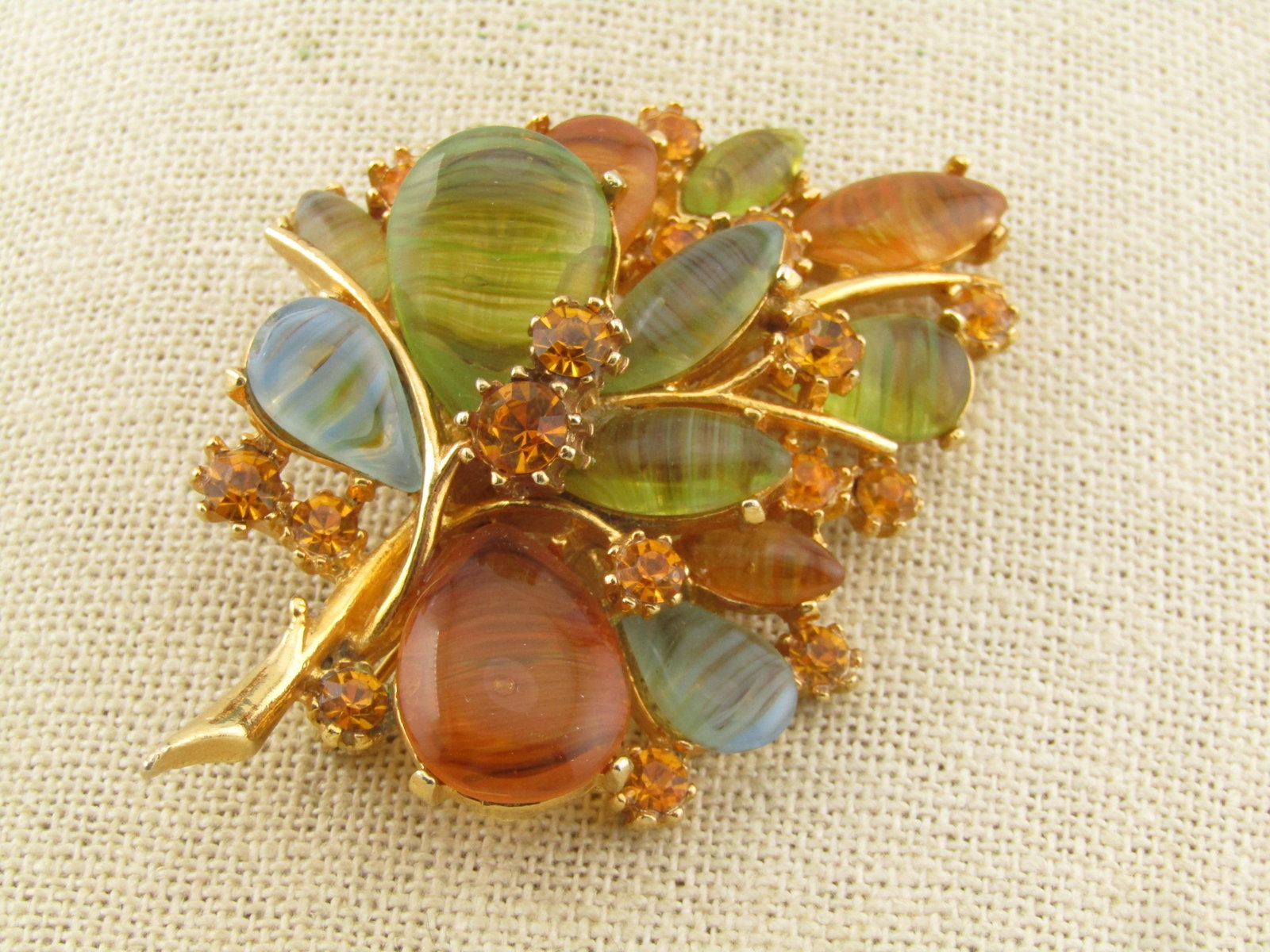 Vintage Orange/Green/Blue Glass Floral/Leaf Stem Brooch, Signed Art, 1940's-1970's (1 of 5)
