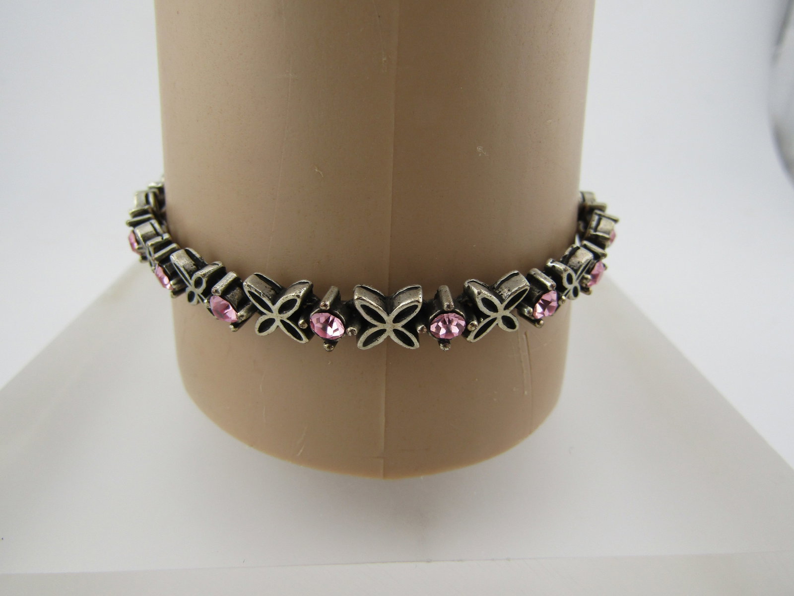 Vintage Silver Tone X Pink Rhinestone Bracelet, 7.5", 1970's-1980's - 2