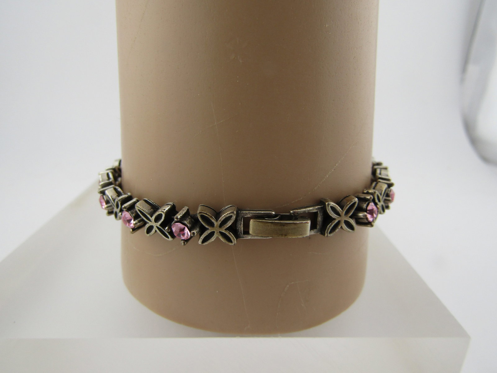 Vintage Silver Tone X Pink Rhinestone Bracelet, 7.5", 1970's-1980's - 3