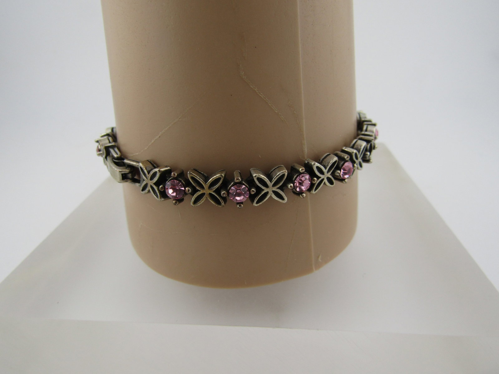 Vintage Silver Tone X Pink Rhinestone Bracelet, 7.5", 1970's-1980's - 4