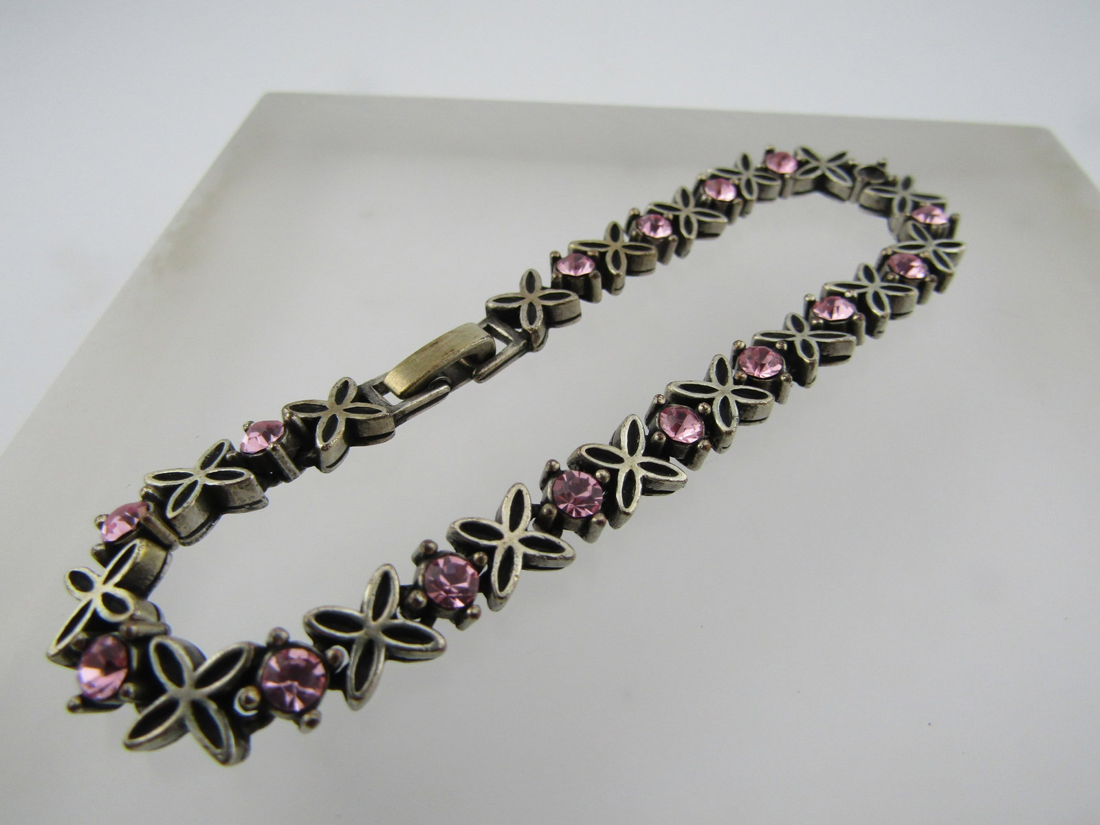 Vintage Silver Tone X Pink Rhinestone Bracelet, 7.5", 1970's-1980's - 5