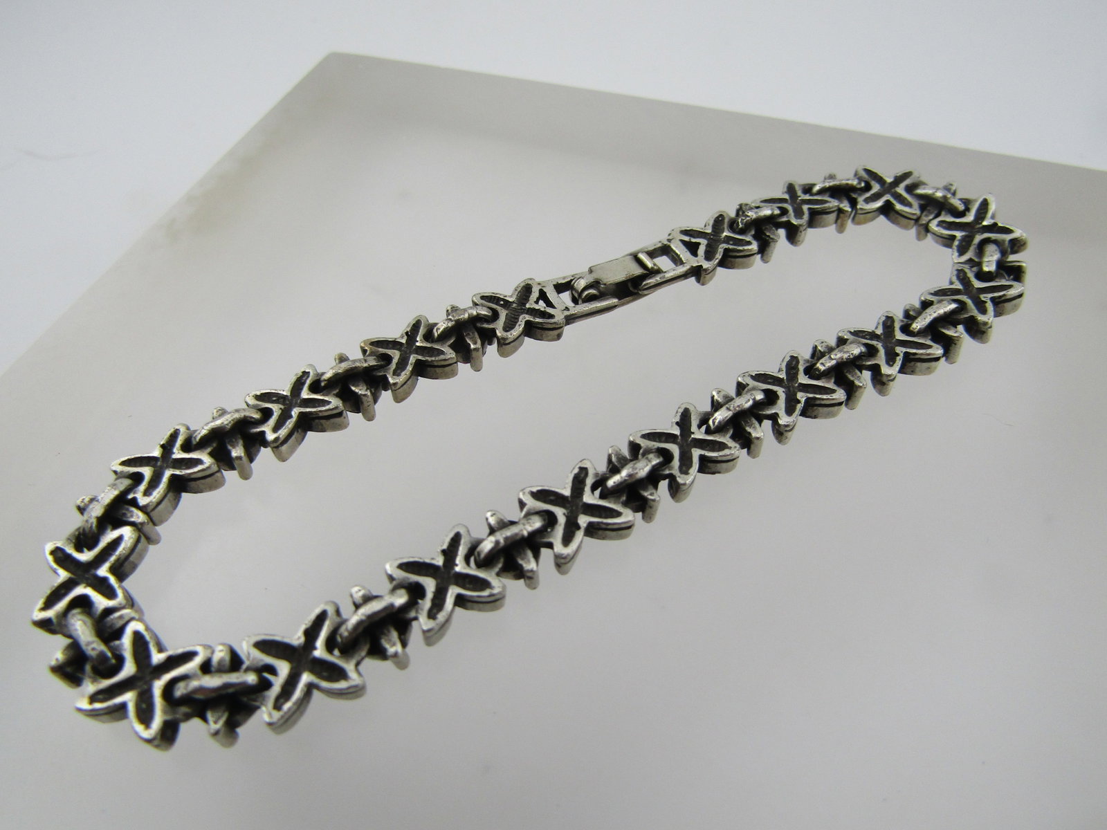 Vintage Silver Tone X Pink Rhinestone Bracelet, 7.5", 1970's-1980's - 6